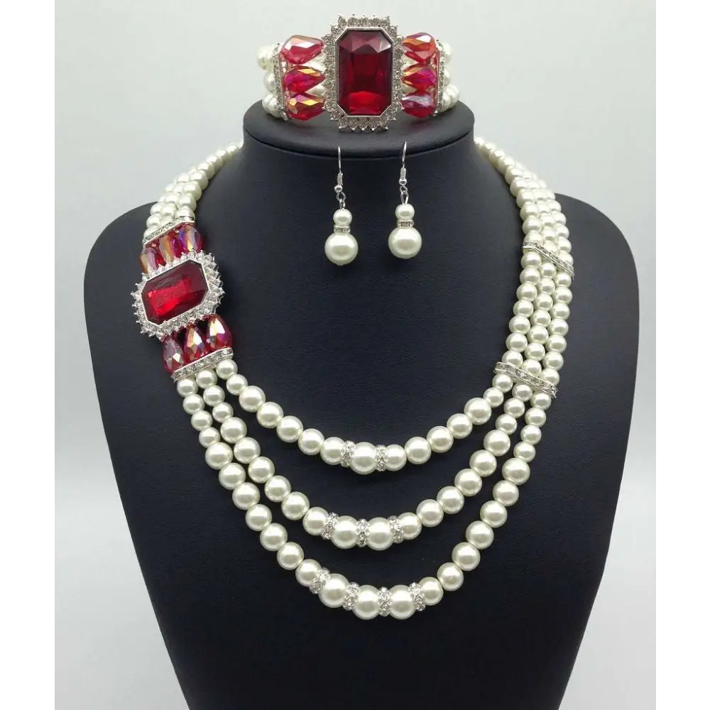 Elegant european fashion diamond gemstone pearl jewelry set with three-strand pearl necklace and red gemstone accents
