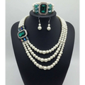 Elegant european fashion diamond gemstone pearl three-strand necklace with emerald green and iridescent crystal accents set