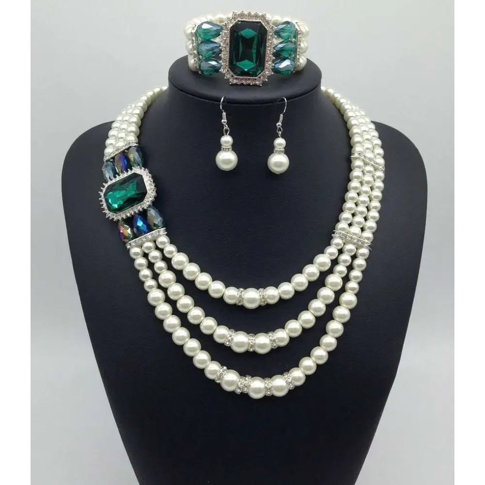 Elegant european fashion diamond gemstone pearl three-strand necklace with emerald green and iridescent crystal accents set