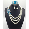 Elegant european fashion diamond gemstone pearl jewelry set with three-strand pearl necklace and matching blue gemstone accents