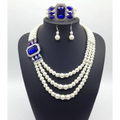 Elegant european fashion diamond gemstone pearl jewelry set with three-strand pearl necklace royal blue accents and silver detailing