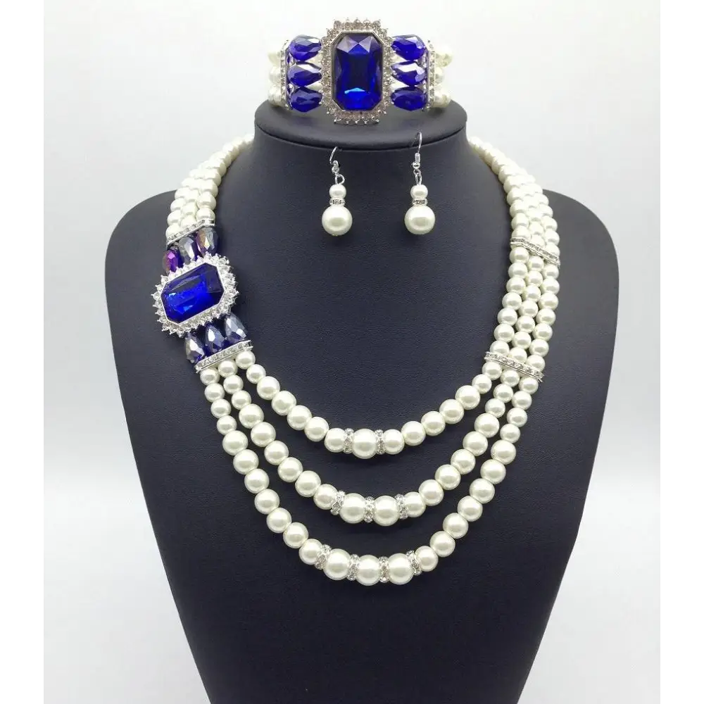 Elegant european fashion diamond gemstone pearl jewelry set with three-strand pearl necklace royal blue accents and silver detailing