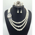 Elegant european fashion diamond gemstone pearl three-strand necklace with silver crystal accents and matching bracelet set