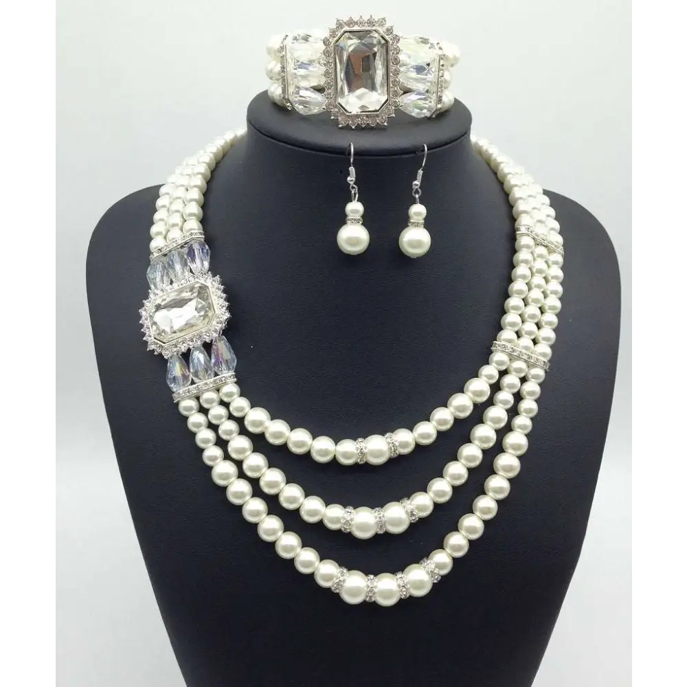 Elegant european fashion diamond gemstone pearl three-strand necklace with silver crystal accents and matching bracelet set