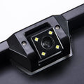 Black plastic european license plate camera showing rear side with four yellow led lights for night vision camera use
