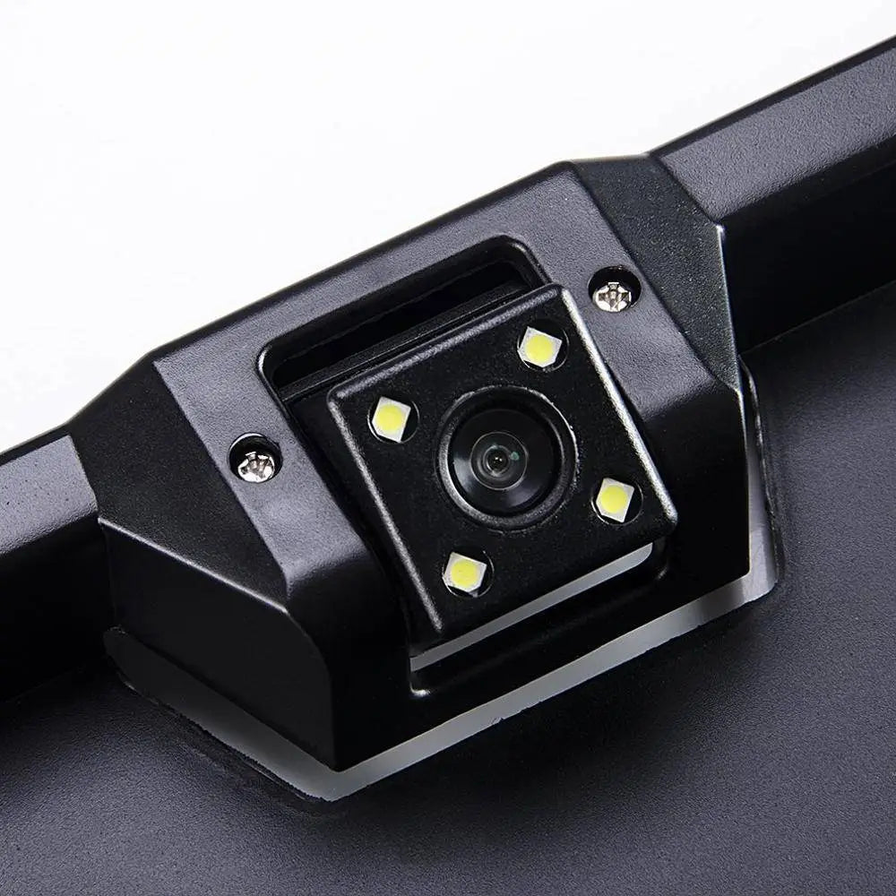 Black plastic european license plate camera showing rear side with four yellow led lights for night vision camera use