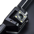 Black plastic european license plate night vision camera with four yellow LED lights around the rear lens