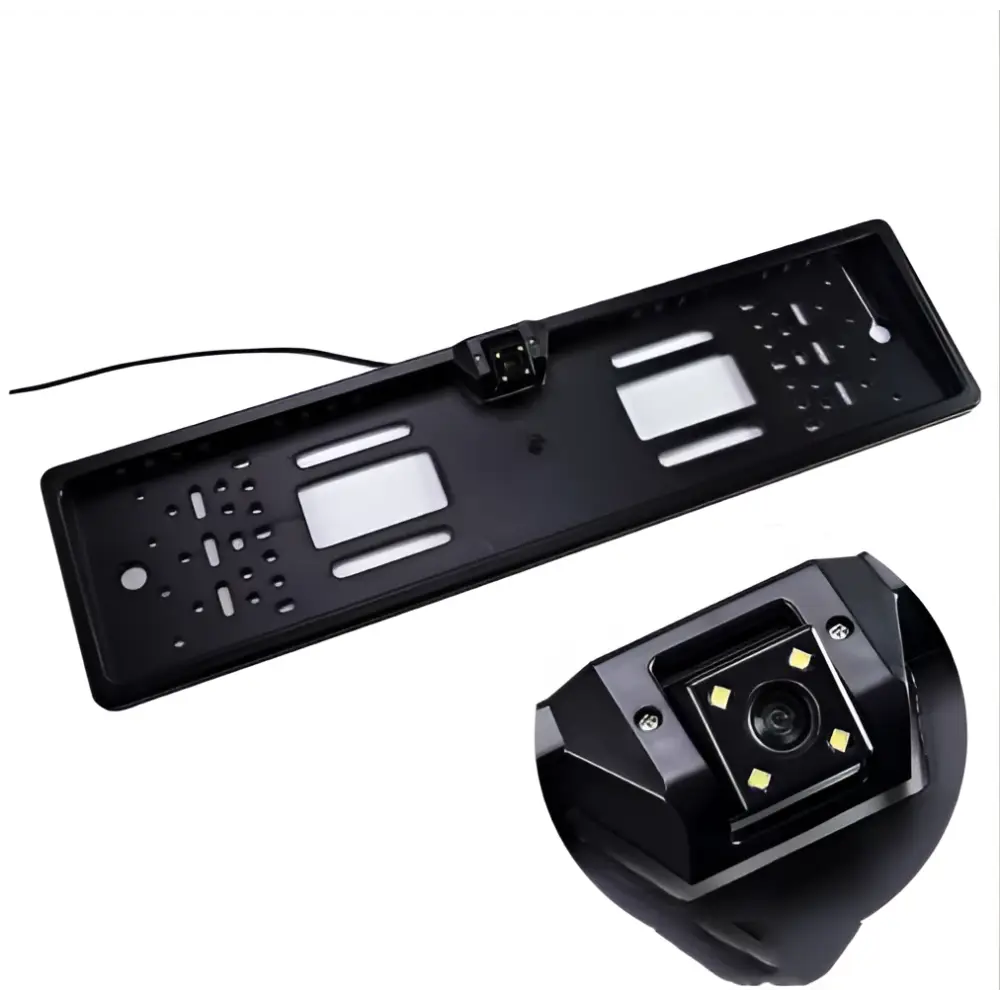 Black plastic european license plate with integrated night vision camera module shown from the back side
