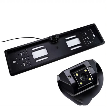 Black plastic european license plate with integrated night vision camera module shown from the back side