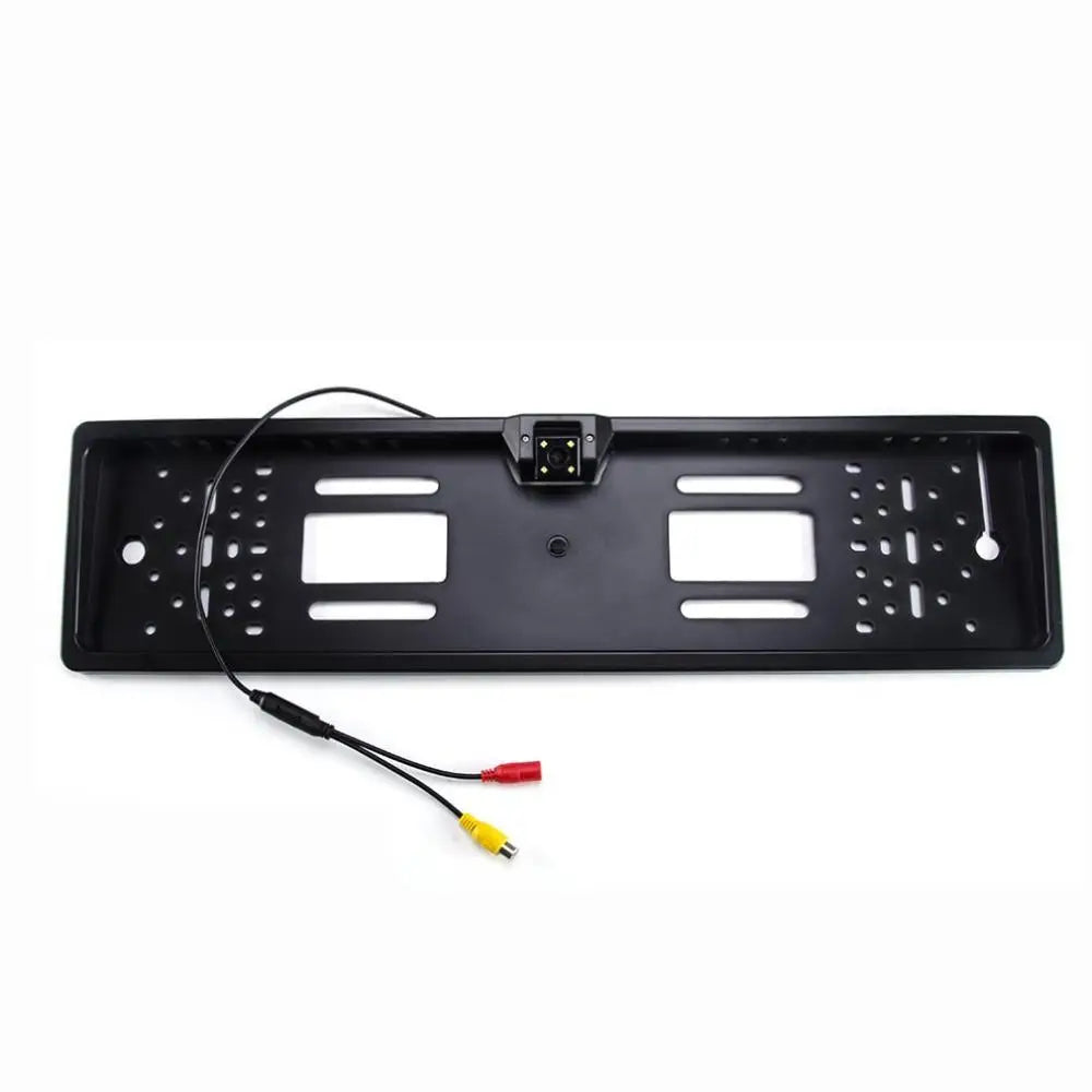 Black plastic european license plate camera with night vision showing rear side with rca cable connectors