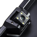 Black plastic European license plate night vision camera with four integrated LED lights showing the back side