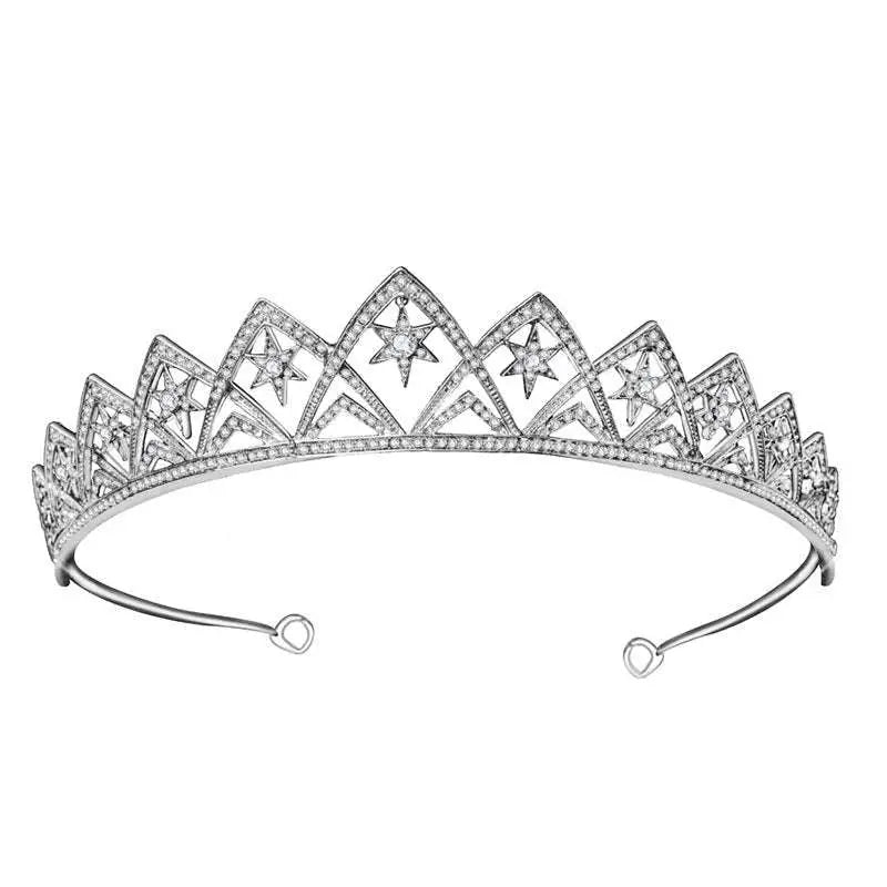 Silver tiara with sparkling stars and intricate diamond-like embellishments from european wedding xingx bridal crown collection