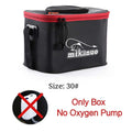 Black and red mikano eva portable fishing bag with reinforced handles and white fish logo for tackle storage
