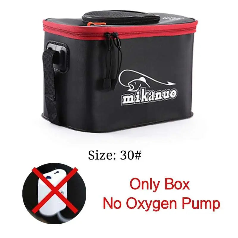 Black and red mikano eva portable fishing bag with reinforced handles and white fish logo for tackle storage