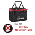 Black and red Mikano portable fishing bag with reinforced handles and zipper closures for tackle storage
