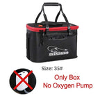 Black and red Mikano portable fishing bag with reinforced handles and zipper closures for tackle storage
