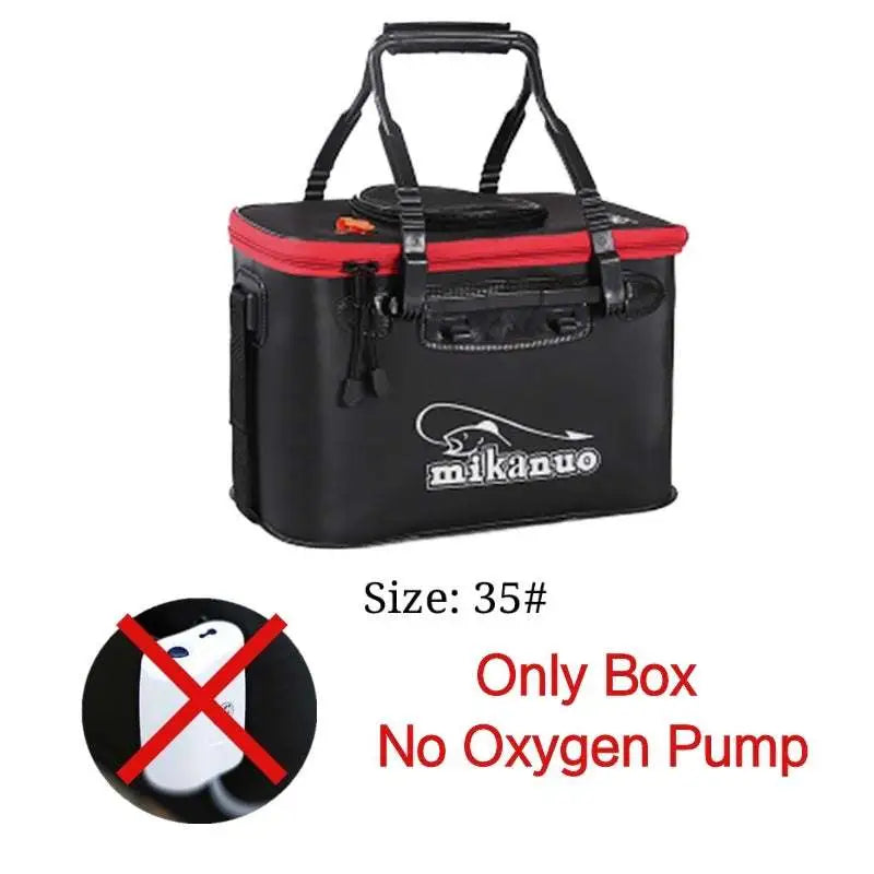 Black and red Mikano portable fishing bag with reinforced handles and zipper closures for tackle storage