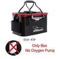 Black mikano eva portable fishing bag with red trim logo sturdy handles and side pockets for tackle storage and live fish box use