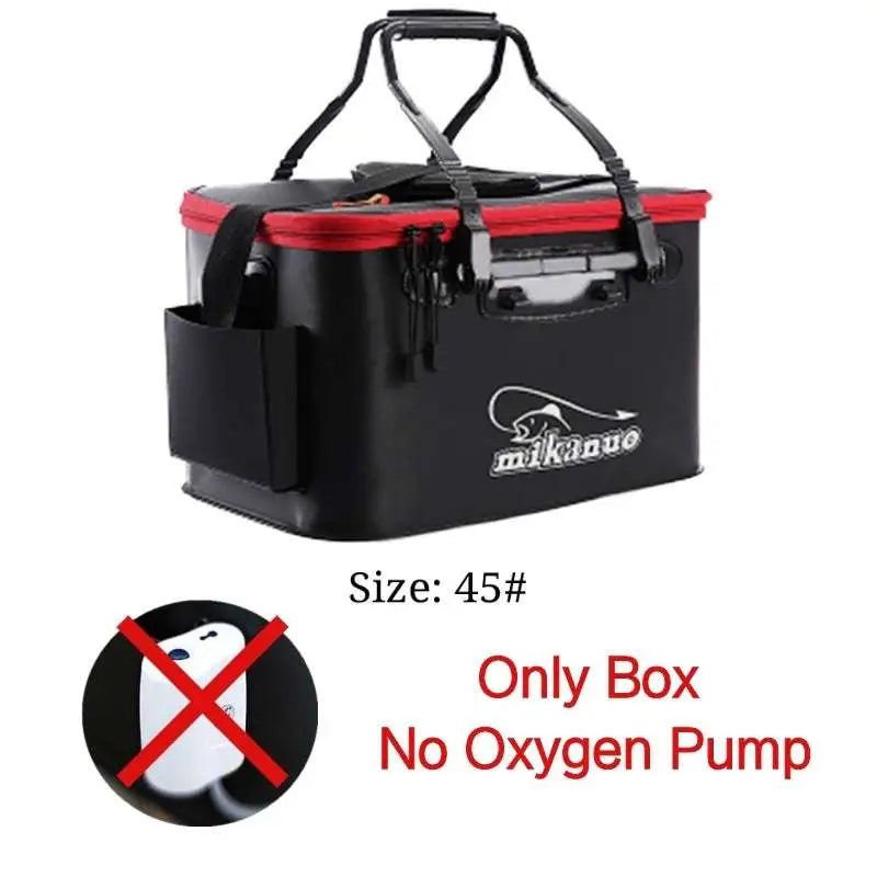 Black mikano eva portable fishing bag with red trim logo sturdy handles and side pockets for tackle storage and live fish box use