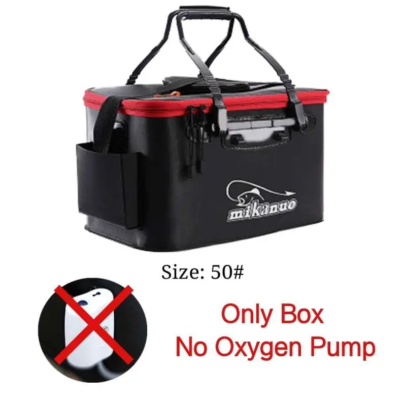 Black and red mikano portable fishing bag with reinforced handles, sturdy handle, side pocket, and reinforced zipper closure