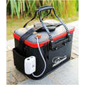 EVA portable fishing bag in black and red with reinforced handles and white air pump for live fish box and tackle storage