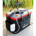 EVA portable fishing bag in black and red with reinforced handles and white air pump for live fish box and tackle storage