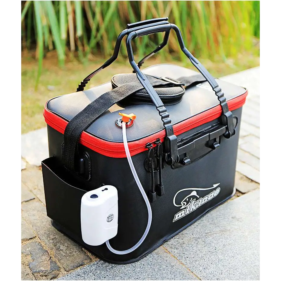 EVA portable fishing bag in black and red with reinforced handles and white air pump for live fish box and tackle storage