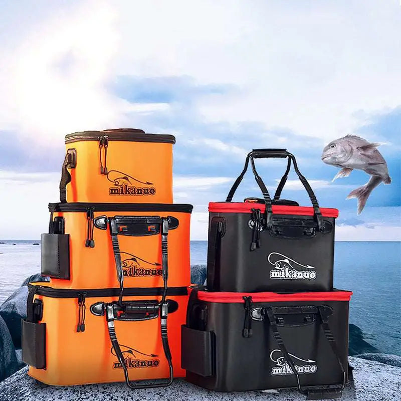 Orange and black mikano eva portable fishing bag with reinforced handles and side pockets for tackle storage