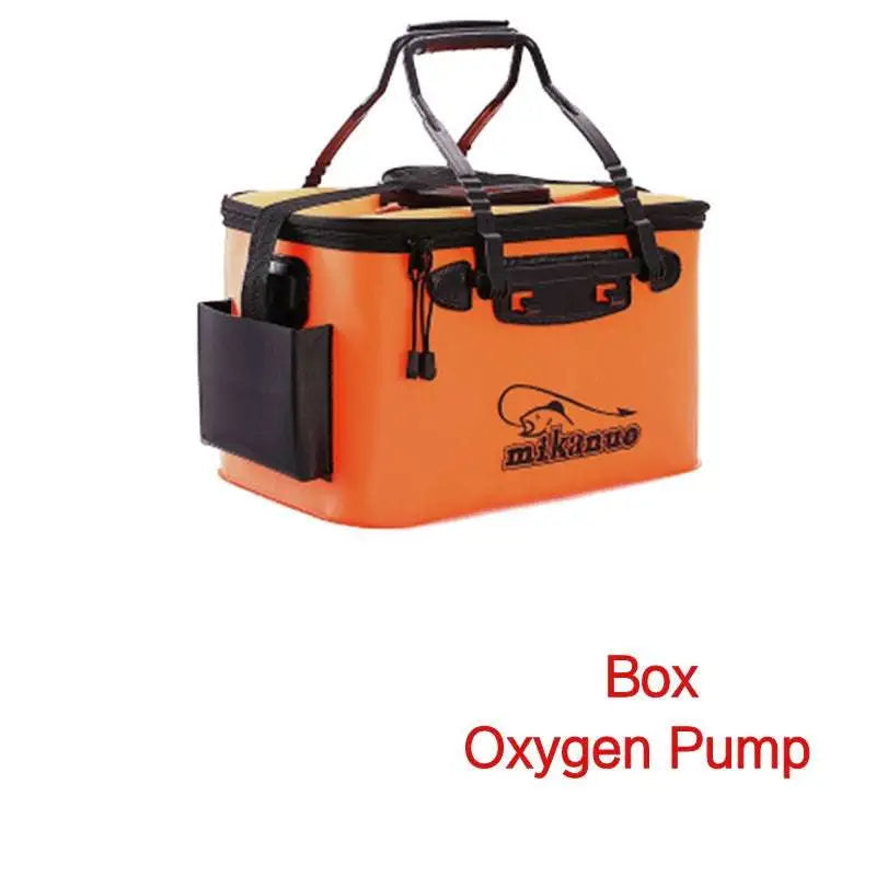 Orange Mikano brand portable oxygen pump box with black handles and accents for EVA portable fishing bag tackle storage