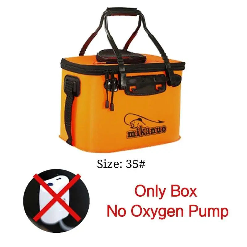 Bright orange EVA portable fishing bag with waterproof tackle storage and reinforced black handles featuring a logo