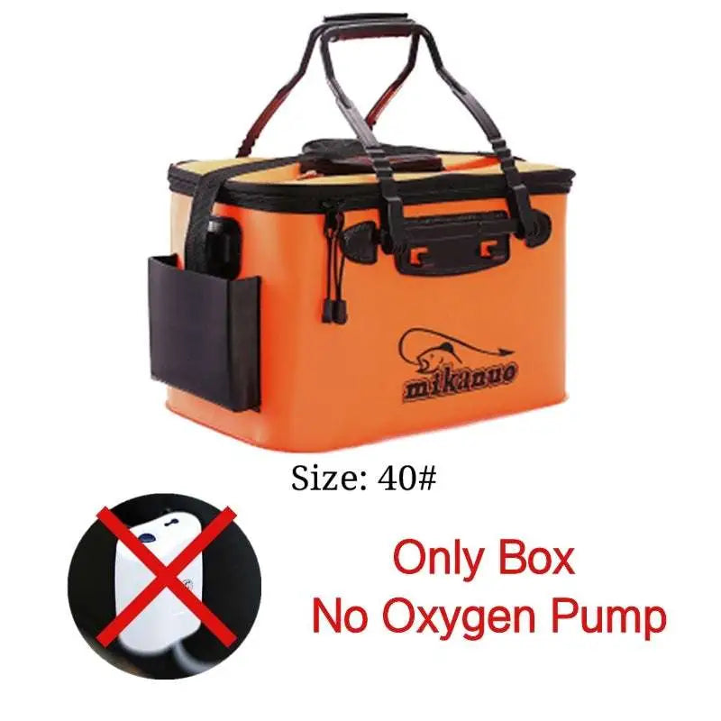 Orange mikano EVA portable fishing bag with reinforced handles and black accents for live fish box and tackle storage