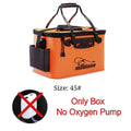 Orange mikunuo EVA portable fishing bag with reinforced black handles, side pocket, and logo for tackle storage