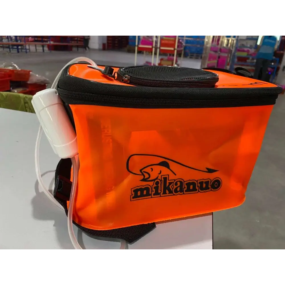 Bright orange transparent eva portable fishing bag with black trim and white electric heating element for live fish box use