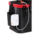 White rectangular air pump with transparent tubing attached to a black and red live fish box in portable fishing bag