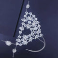 Silver floral headpiece featuring intricate floral designs with clear crystals and delicate chain details for exaggerated fashion rhinestone mask use