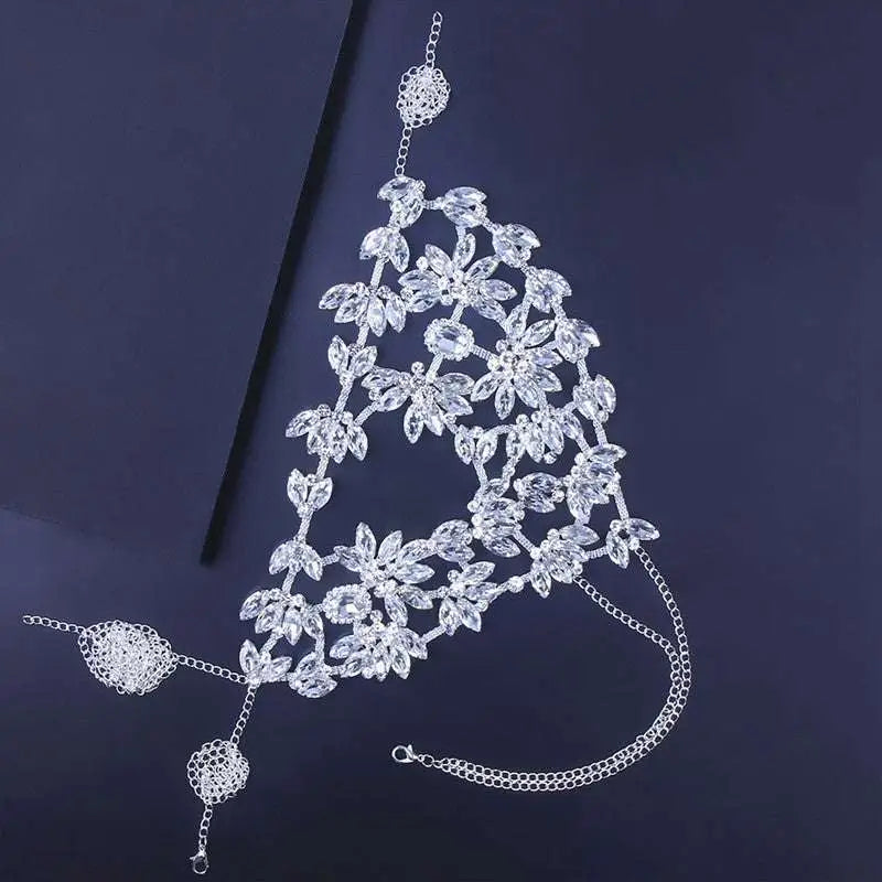 Silver floral headpiece featuring intricate floral designs with clear crystals and delicate chain details for exaggerated fashion rhinestone mask use