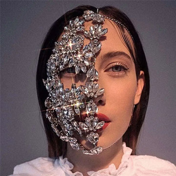 A dazzling silver fashion rhinestone mask with intricate floral designs and sparkling crystals for exaggerated fashion rhinestone style
