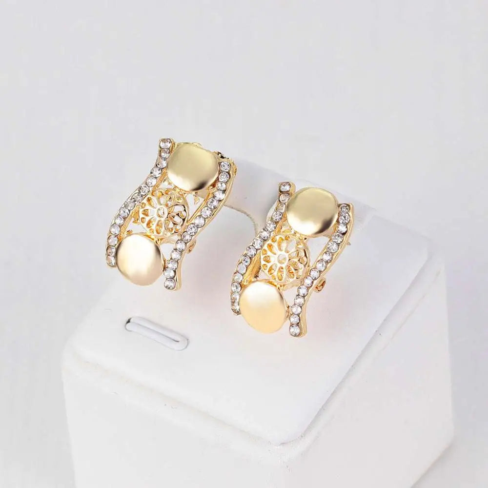 Gold clip-on earrings with two pearl stones and rhinestone floral design from exaggerated jewelry sets bridal jewelry four