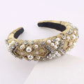Exaggerated sponge baroque headband in gold pattern adorned with white pearls and clear crystals for style exaggerated design
