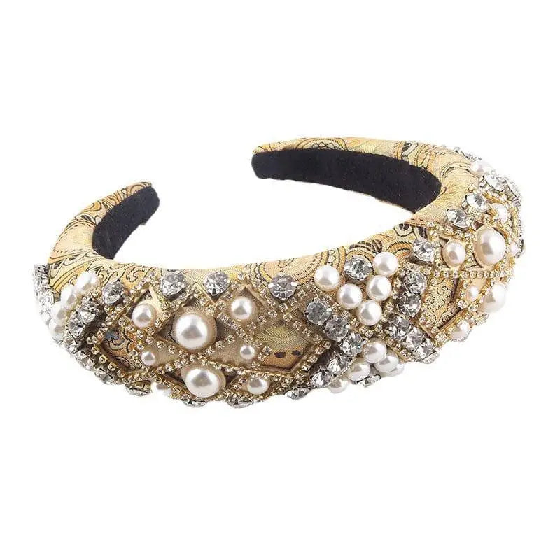 Exaggerated sponge baroque gold-patterned headband adorned with pearls and clear crystals in style exaggerated design