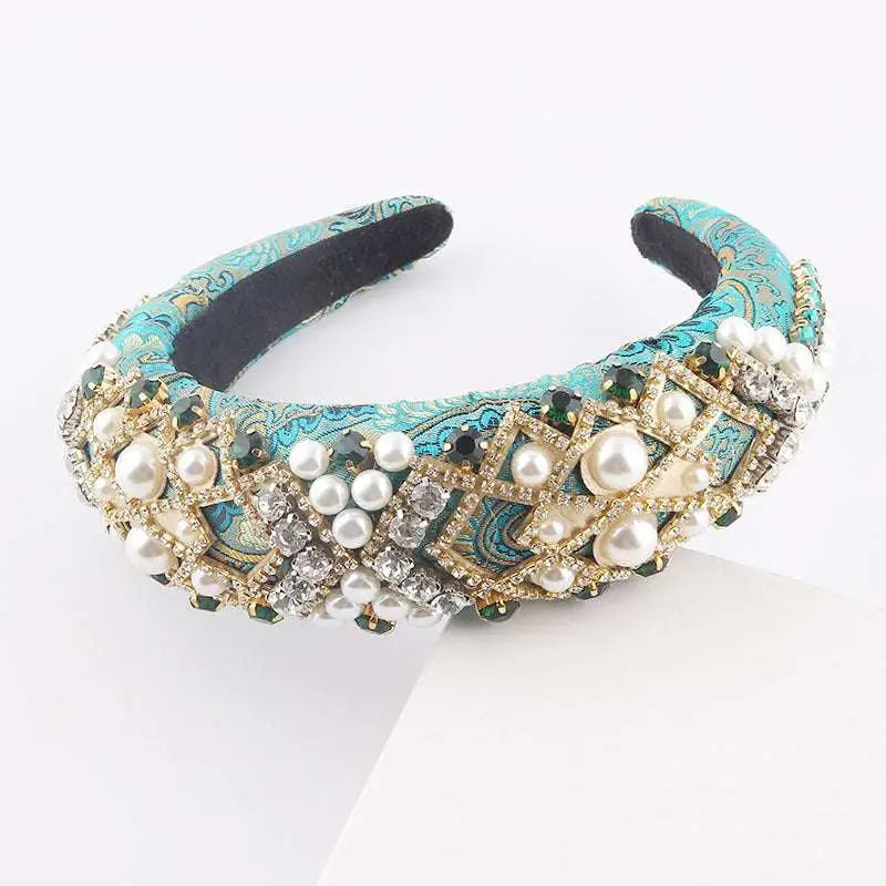 Exaggerated sponge baroque headband in turquoise with pearls crystals and green gemstones in gold-toned geometric design