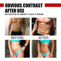 Before and after fitness transformation of muscular torsos in teal swimwear promoting muscle sweat massage cream for belly fat burner