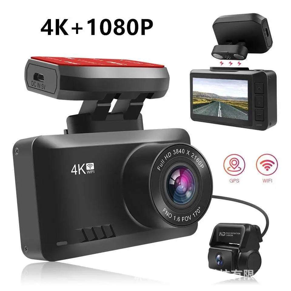 Explosive t8 dual recording 4k driving recorder with black compact rectangular body red adhesive mount and rear camera
