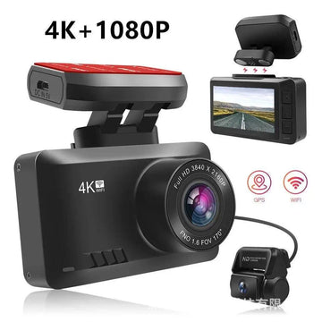 Explosive t8 dual recording 4k driving recorder with black compact rectangular body red adhesive mount and rear camera