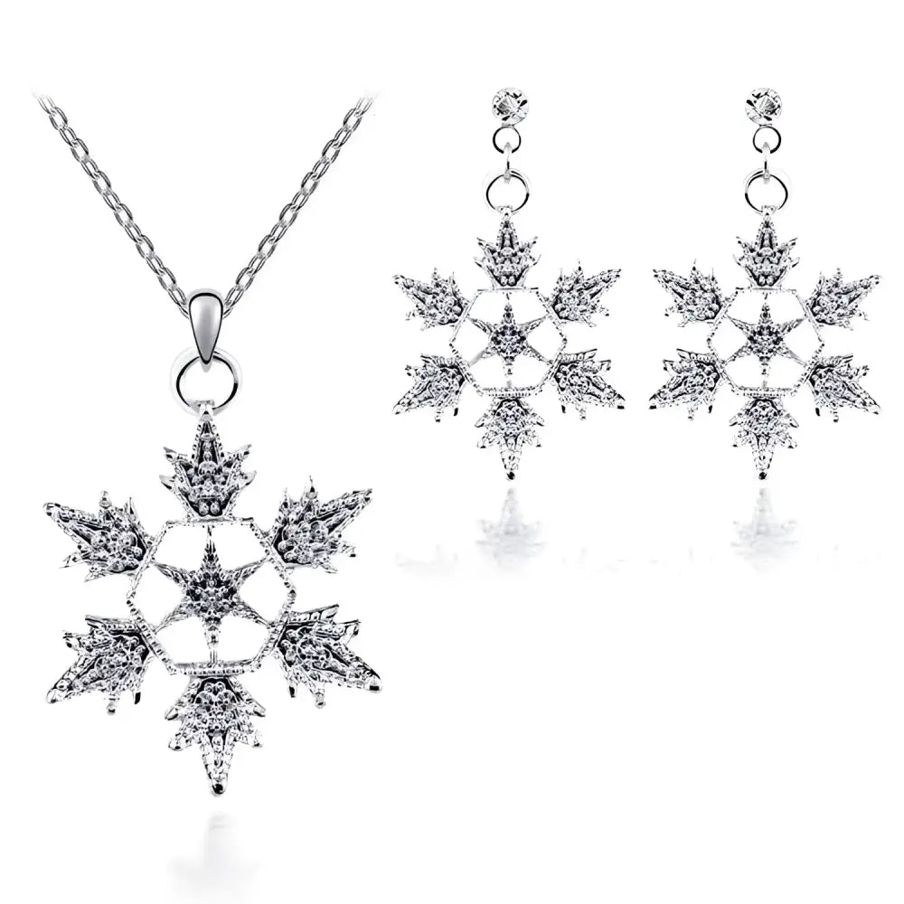 Exquisite bridal christmas silver snowflake necklace set with sparkling crystal accents including matching earrings