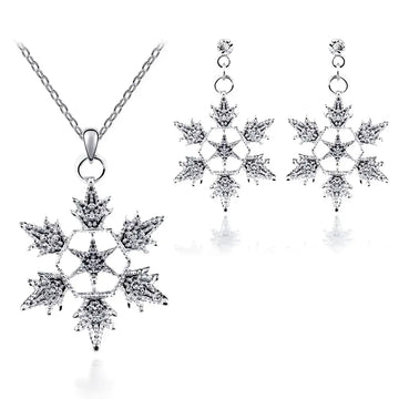 Exquisite bridal christmas silver snowflake necklace set with sparkling crystal accents including matching earrings