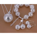 Exquisite jewelry silver filigree spherical ball pendant necklace and matching bracelet set with intricate engraved patterns