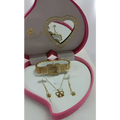 Gold diamond-encrusted exquisite jewelry watch with matching bow-shaped pendant and earrings in a heart-shaped box