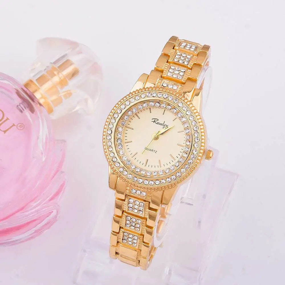 Gold-tone diamond-encrusted exquisite jewelry watch with cream dial and ravely branding in a heart-shaped watch necklace gift box
