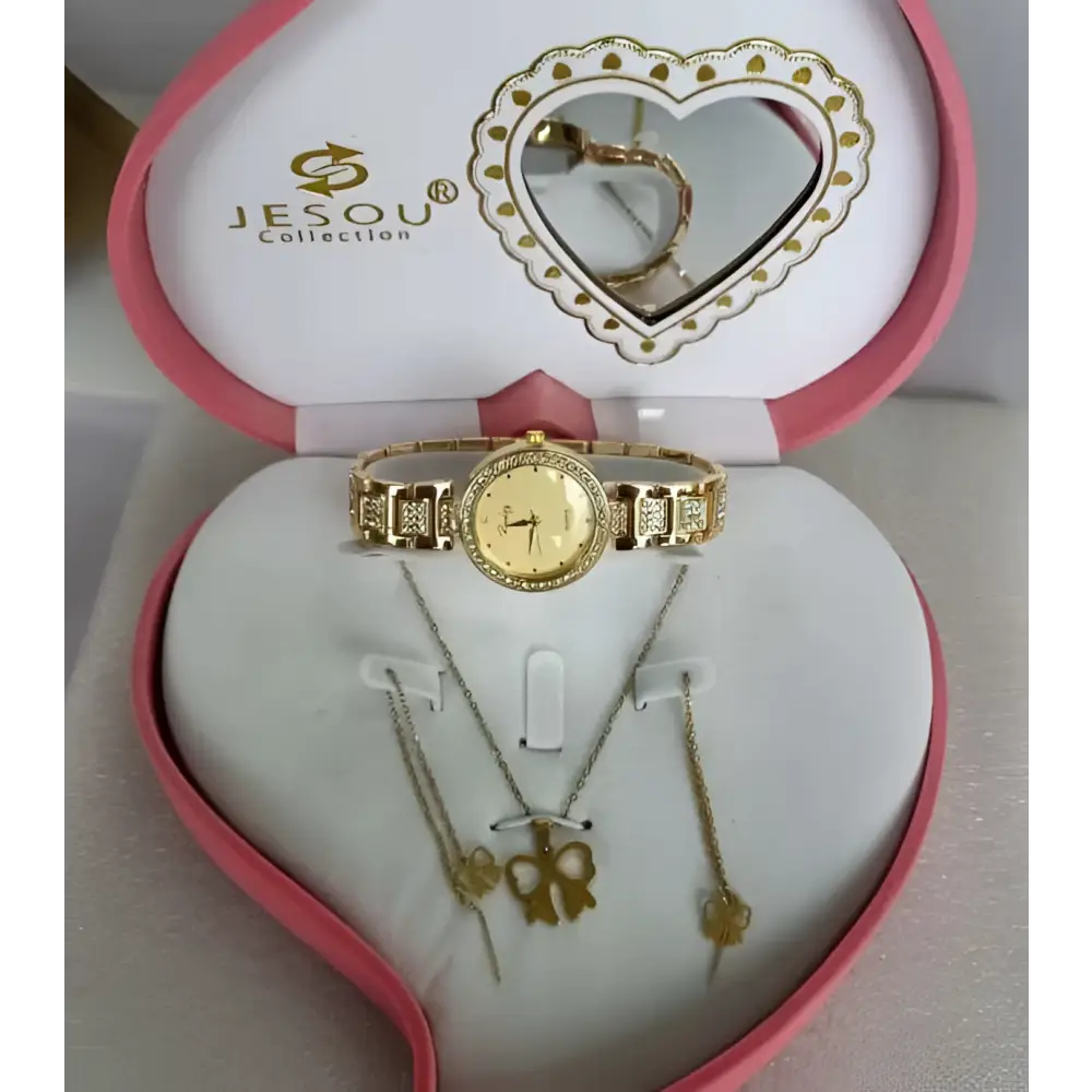 Exquisite jewelry watch with gold-toned diamond-studded bezel and bracelet in a heart-shaped watch necklace gift box